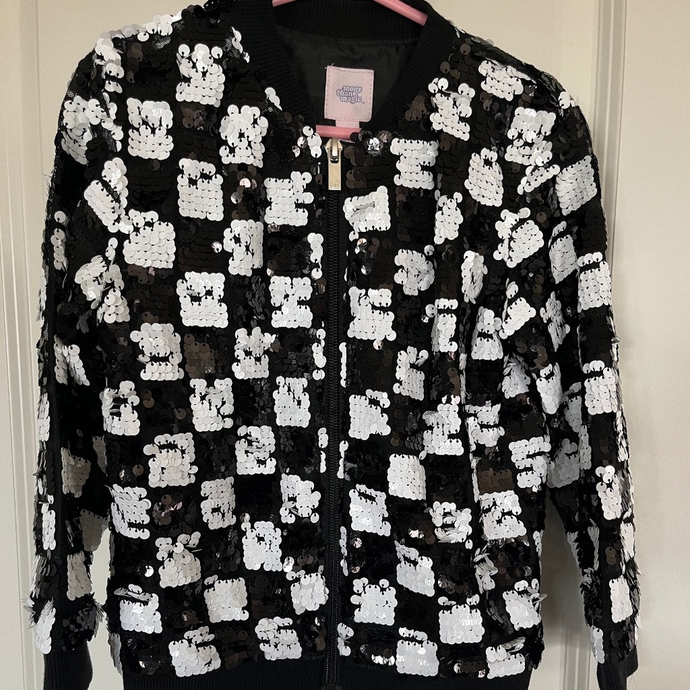 More Than Magic Black and White Plaid Sequin Zipper Jacket XS 4/5